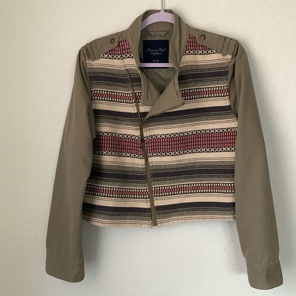 American Eagle Outfitters Khaki Utility Jacket with Striped Pattern